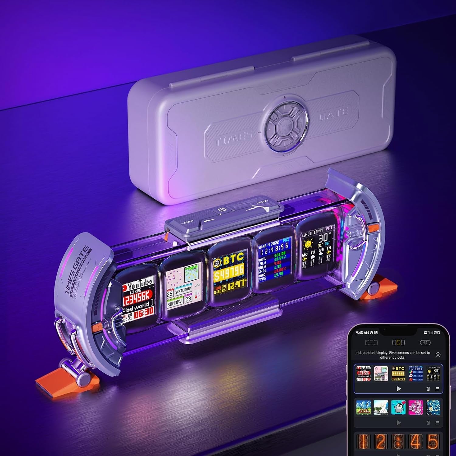Times Gate - Cyberpunk Gaming Setup Digital Alarm Clock, Smart APP, Wifi Connect, RGB LED Display, Personalized Financial & Bitcoin Dashboard, Pixel Art for Gaming Room & Office Decor, Silver
